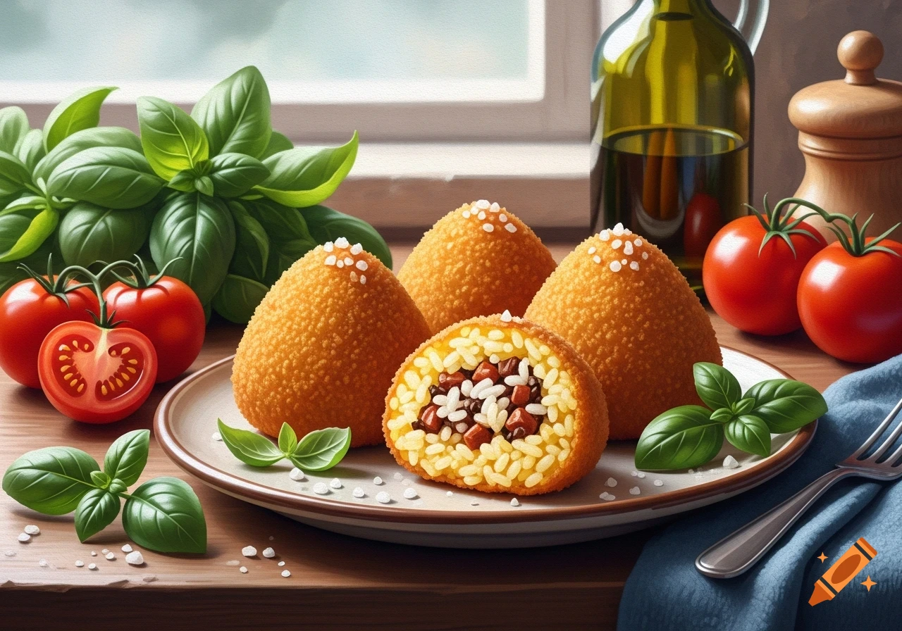 A plate of golden arancini, one cut open, with basil, tomatoes, and an olive oil bottle on a wooden table.