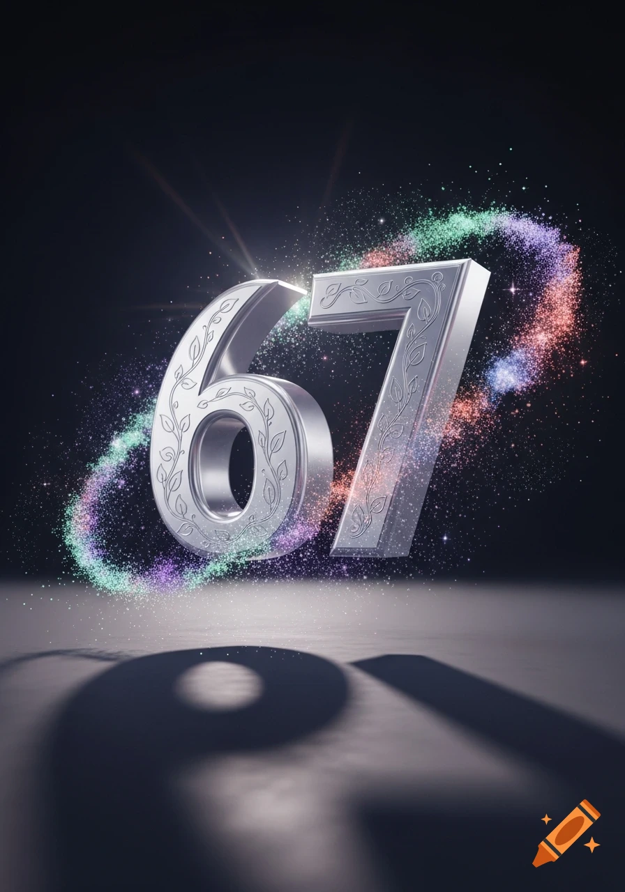 Silver 3D numbers '67' with intricate floral patterns, surrounded by a ...