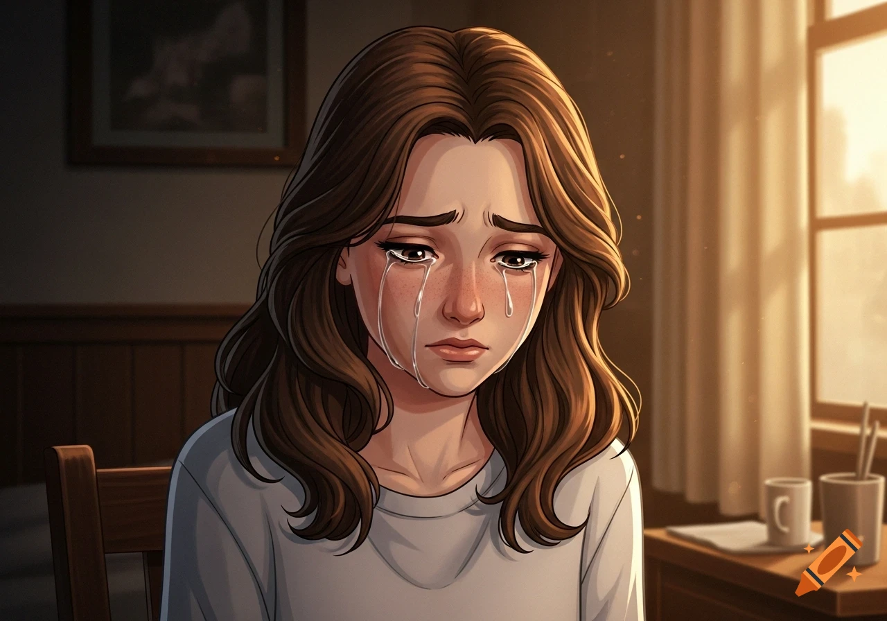 A cartoon illustration of a young woman with brown hair, dressed in a grey shirt, crying with tears streaming down her face in a soft, warm-lit room.