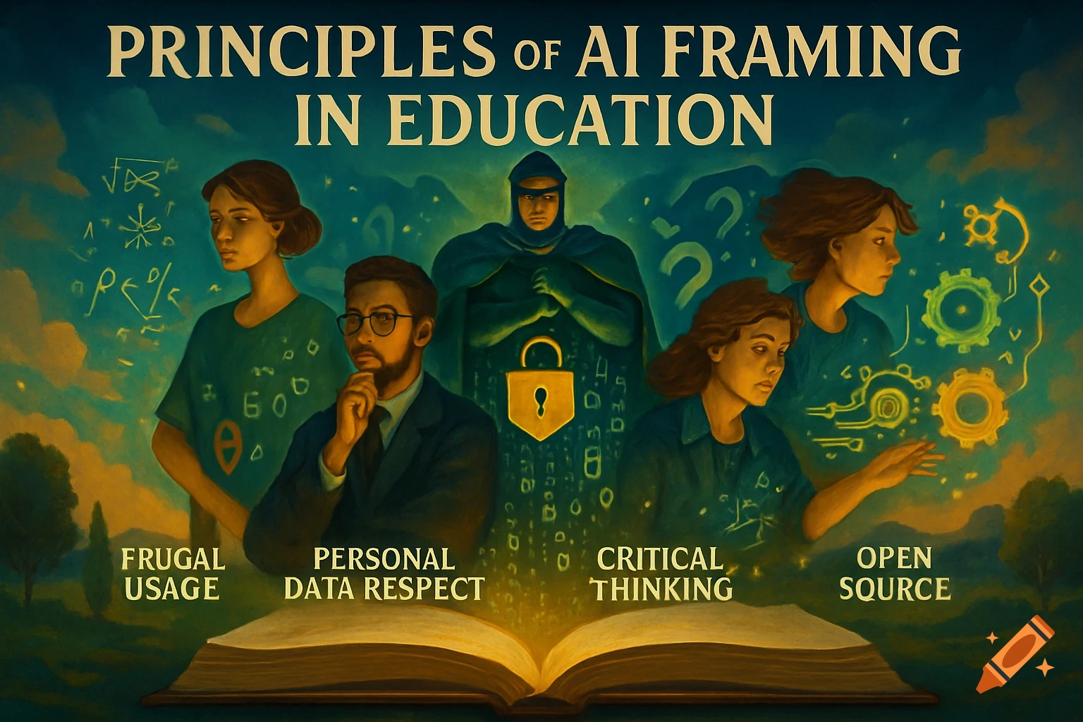 An illustrative poster titled 'Principles of AI Framing in Education' featuring diverse individuals, a hooded figure, a padlock, and an open book with concepts like 'Frugal Usage' and 'Critical Thinking' emerging from it.