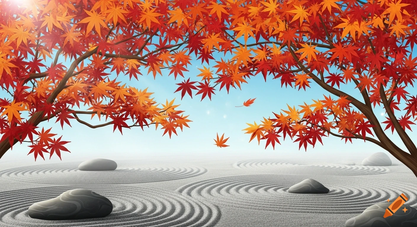 Stylized illustration of vibrant red and orange Japanese maple trees over a serene zen garden with raked sand and smooth rocks.