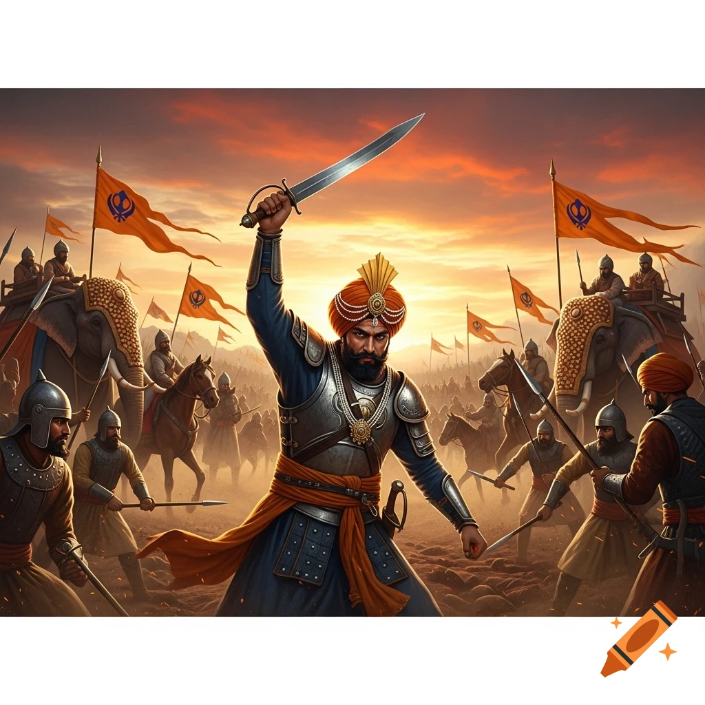 A stylized painting of a Sikh warrior raising a sword, leading an army with elephants and horses into battle at sunset.