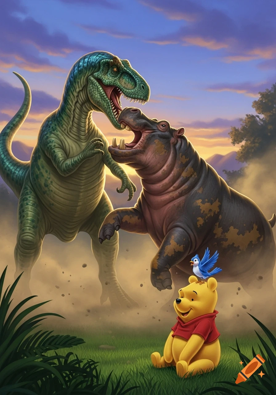 A green dinosaur fights a hippo while Winnie the Pooh sits calmly with a bluebird on his head in a dramatic, illustrative sunset scene.