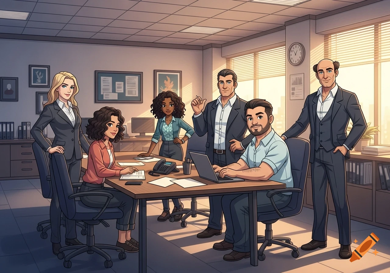 Cartoon illustration of five diverse professionals collaborating around a table in a bright office.