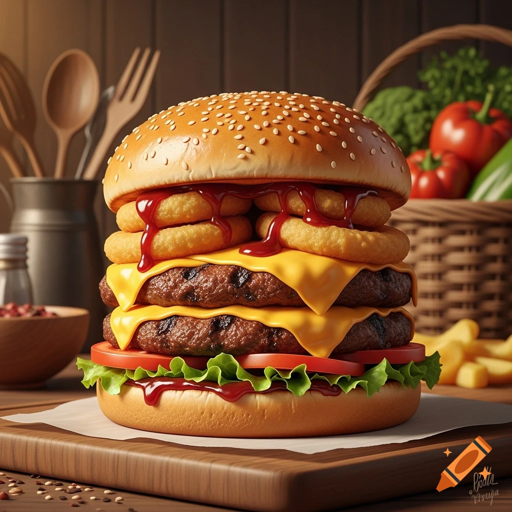 Close-up of a stacked rodeo cheeseburger with two patties, melted cheese, onion rings, lettuce, tomato, and ketchup on a wooden board.