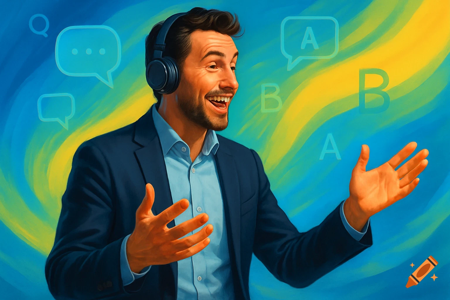 A smiling man wearing headphones gestures in front of a blue and yellow background with speech bubbles and letters.