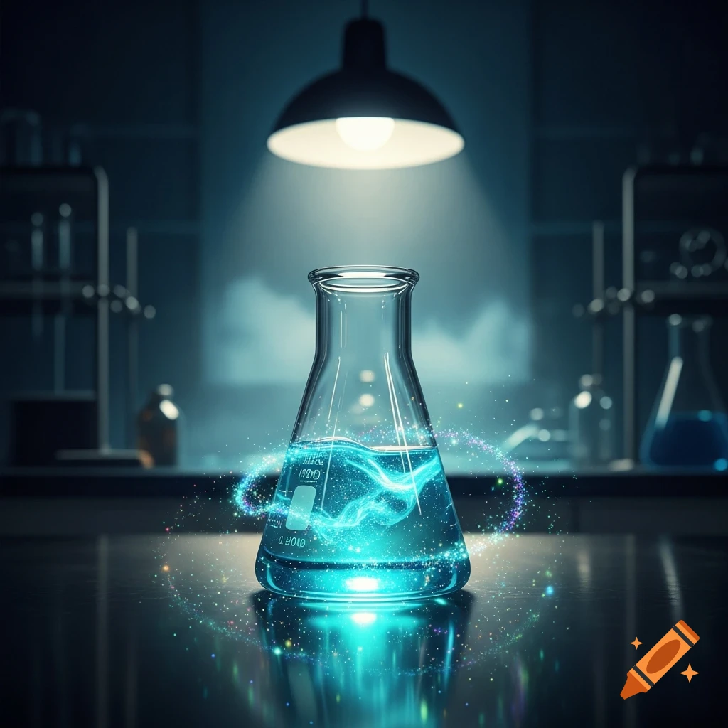 A glass beaker with glowing blue liquid and swirling particles sits on a reflective lab table under a bright overhead light.