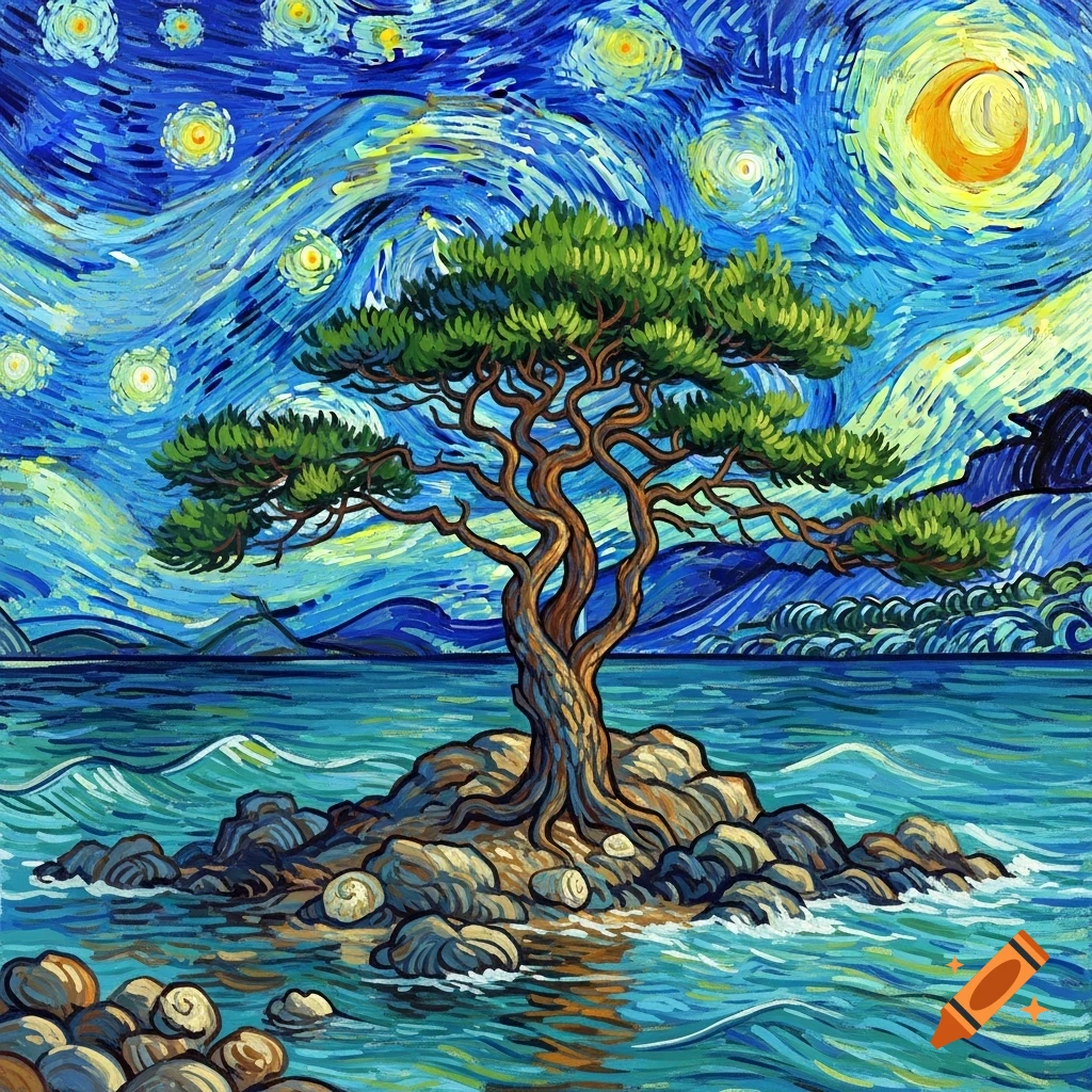 Vibrant Van Gogh style painting of a gnarled tree on a rocky island in a swirling, starry night ocean.