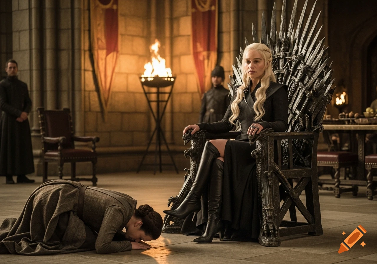 Daenerys Targaryen sits on the Iron Throne in a castle hall, wearing black, while a woman bows before her.