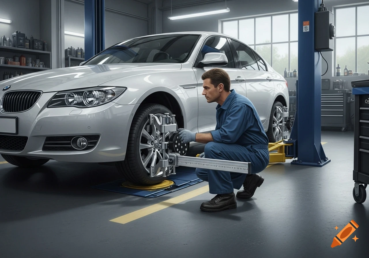 A mechanic in a blue jumpsuit crouches, measuring the wheel alignment of a silver car on a lift in a well-lit garage.