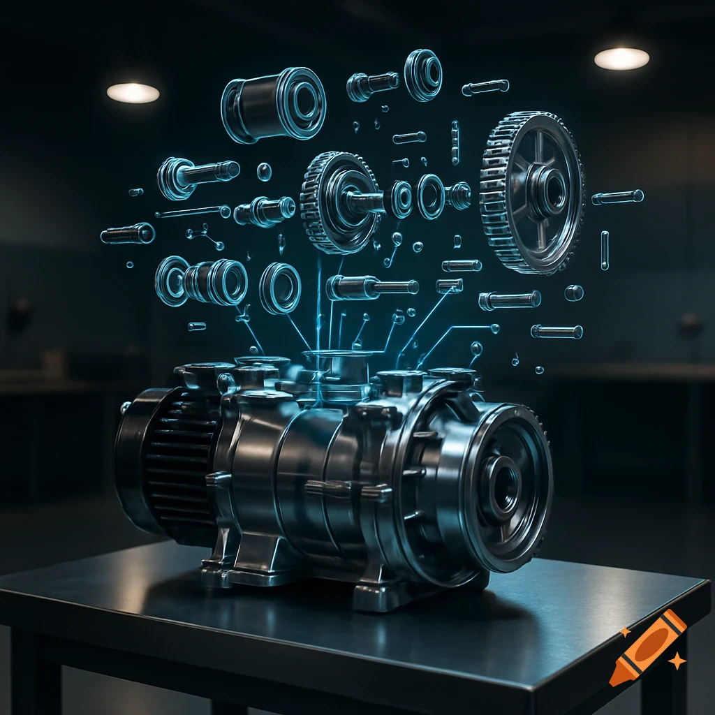 A photorealistic augmented reality view of a disassembled motor with its parts floating above it, connected by blue lines.