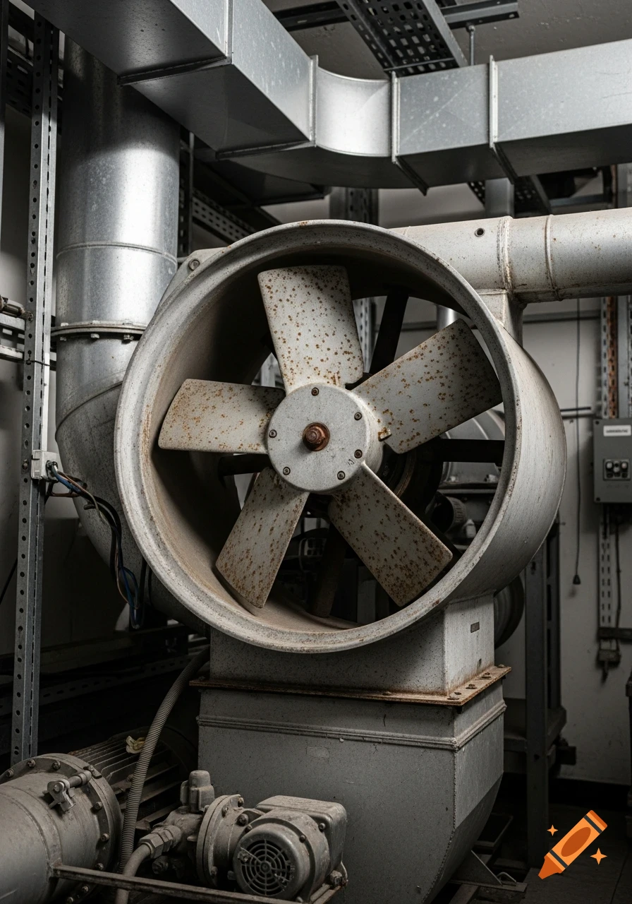 A large corroded industrial ventilation fan in an equipment room, with ductwork and machinery.
