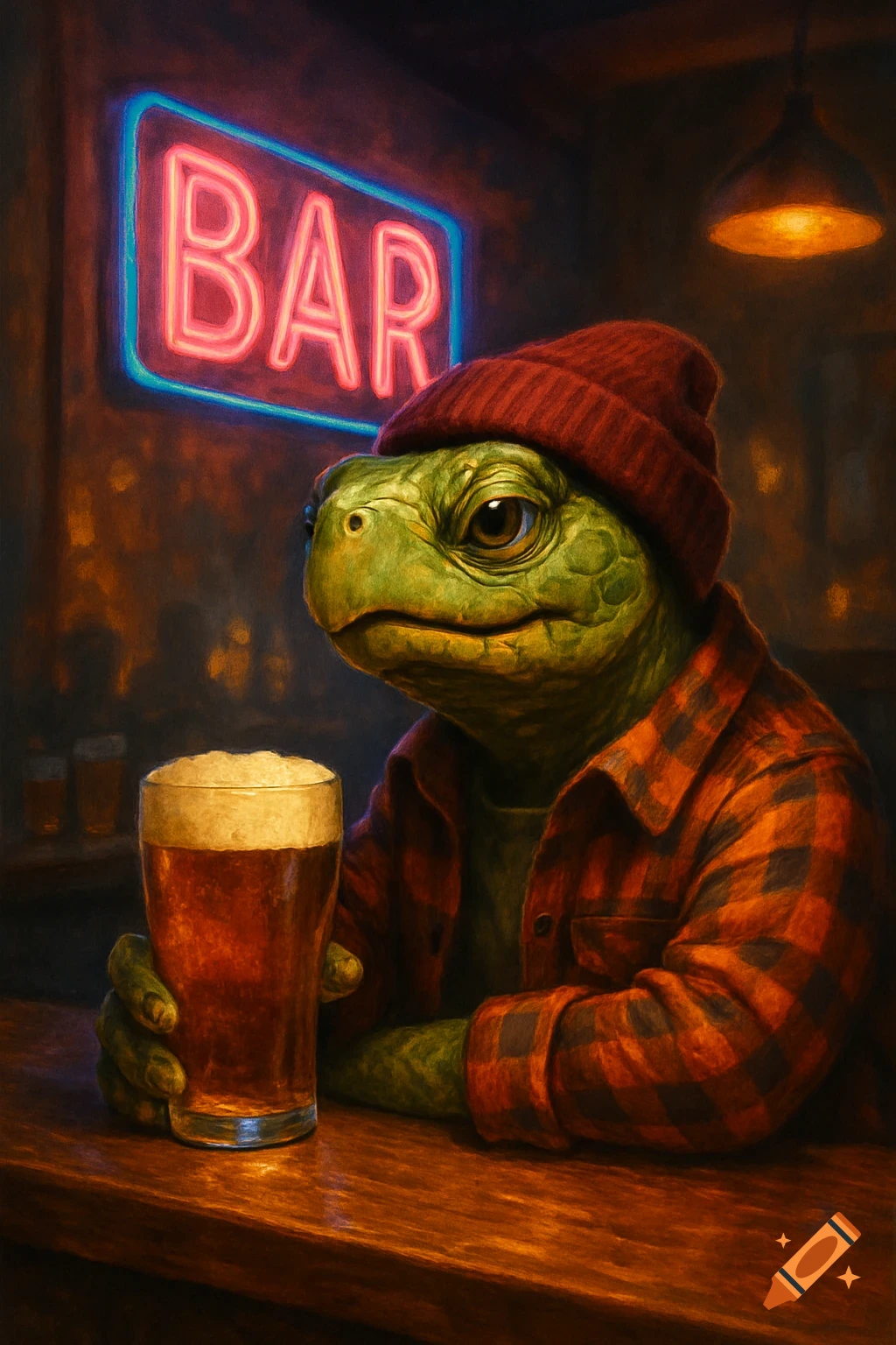 An anthropomorphic turtle wearing a red beanie and plaid shirt sits at a bar, holding a pint of beer. A glowing neon "BAR" sign is visible in the background.