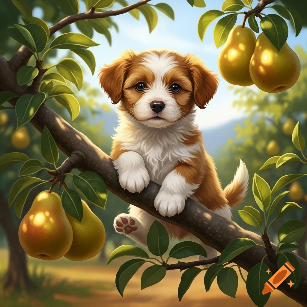 A fluffy brown and white puppy sits on a tree branch among green leaves and golden pears in a bright digital illustration.