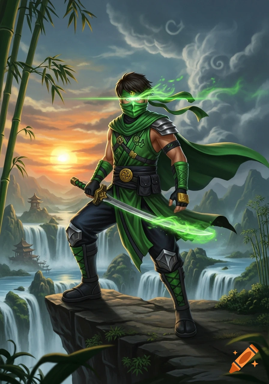 A green-clad ninja with glowing eyes and sword stands on a cliff overlooking a valley with waterfalls and temples at sunset.