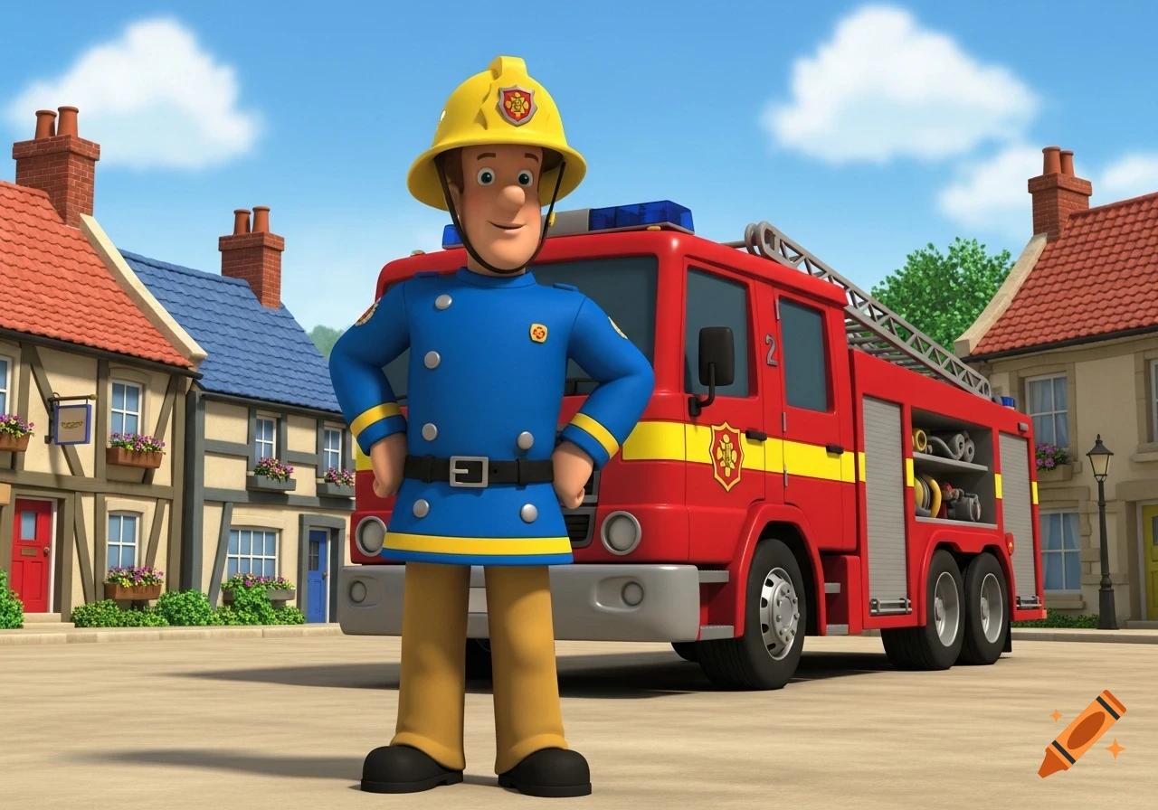 Fireman Sam in a blue uniform and yellow helmet stands confidently in front of a red fire truck and village houses under a blue sky in a 3D animated style.