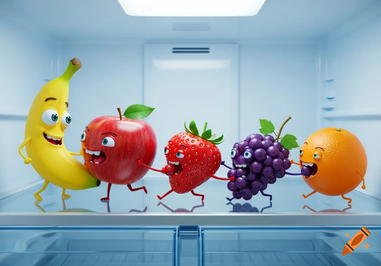 Cartoon banana, apple, strawberry, grapes, and orange with faces and limbs run in a line inside a refrigerator in a 3D animation style.