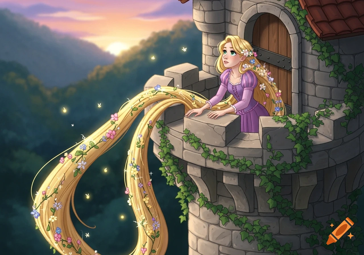 Rapunzel with long, flower-decorated blonde hair leans from a stone tower, gazing at a sunset over distant mountains.