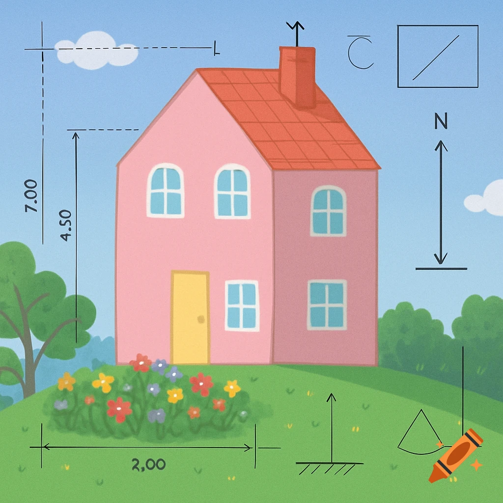 A pink cartoon house on a green hill with flowers and bushes, surrounded by technical drawing dimensions and symbols against a blue sky.