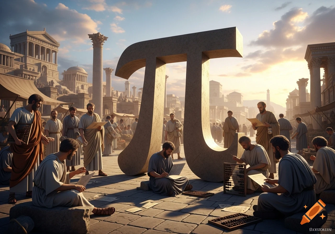 Photorealistic image of ancient mathematicians studying around a giant Pi symbol in an ancient city square at sunset.