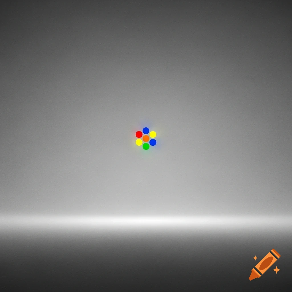 A grey background with a horizontal light bar at the bottom and a cluster of small red, yellow, green, blue, and orange circles in the center.