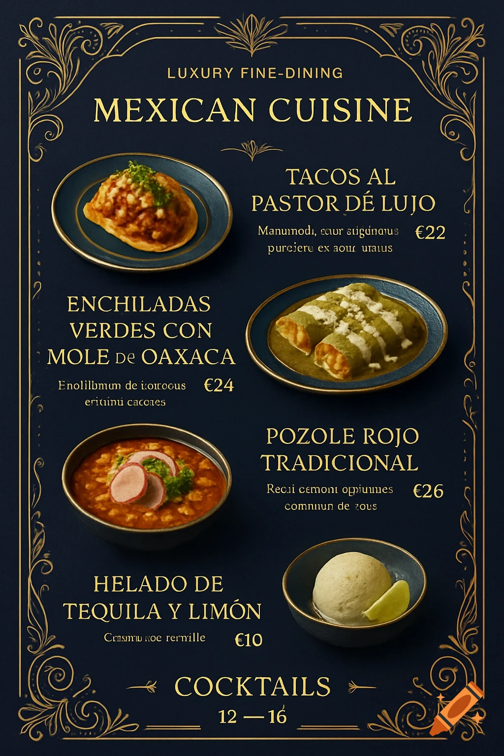 A luxury fine-dining Mexican restaurant menu in a dark blue and gold color scheme, featuring dishes like tacos, enchiladas, pozole, and tequila lime ice cream.