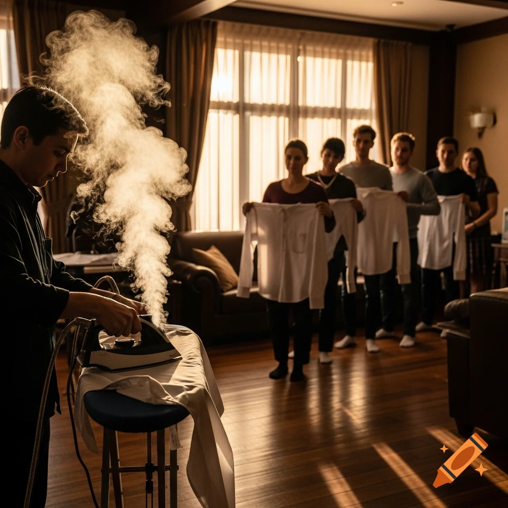 A person irons a shirt, producing a large cloud of steam, while a line of people holding shirts wait their turn in a warm-lit room.