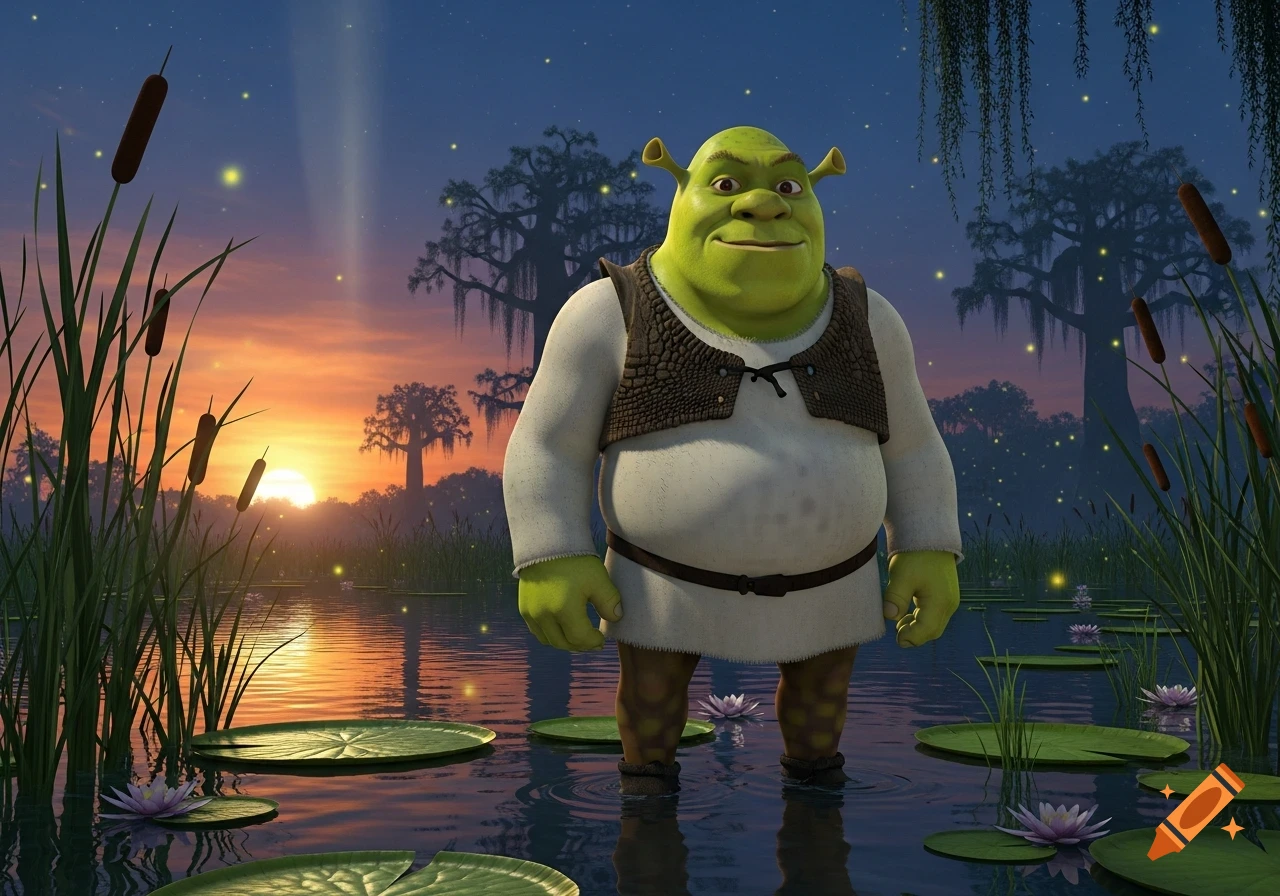 Shrek stands in a moonlit swamp among lily pads and cattails, with an orange sunset reflecting on the water.