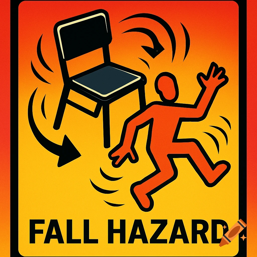 A stylized warning sign with an orange person falling from a black chair on an orange and yellow background, with the text 'FALL HAZARD'.