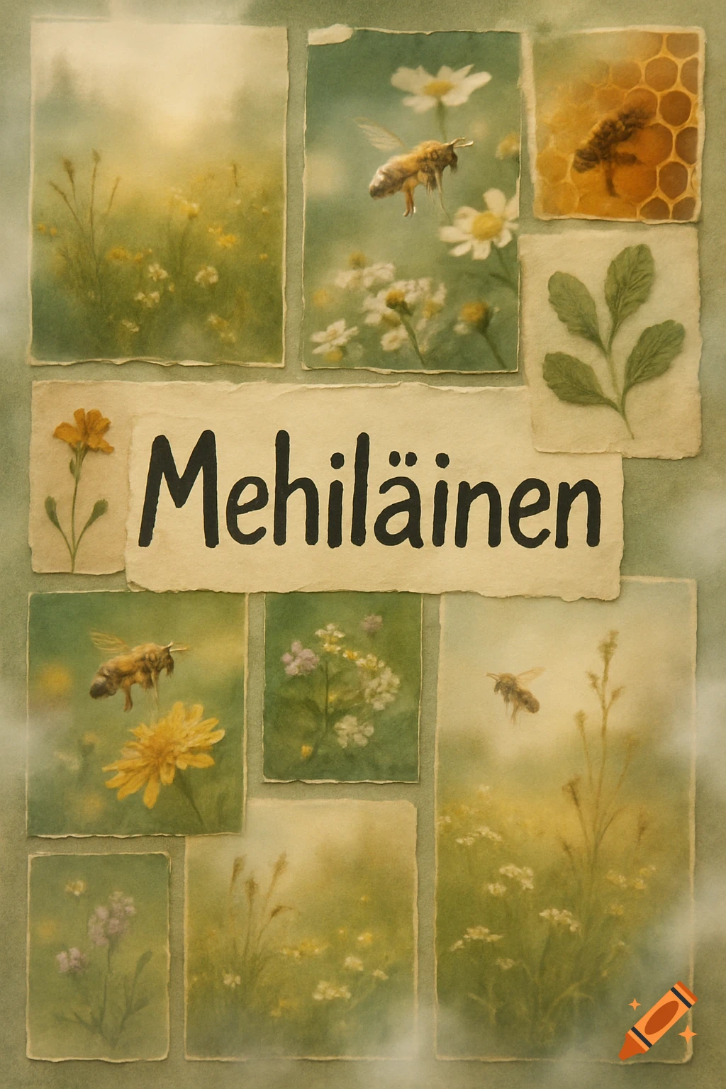 A vision board collage featuring bees, various wildflowers, and green foliage, with the word 'Mehiläinen' prominently displayed in the center.