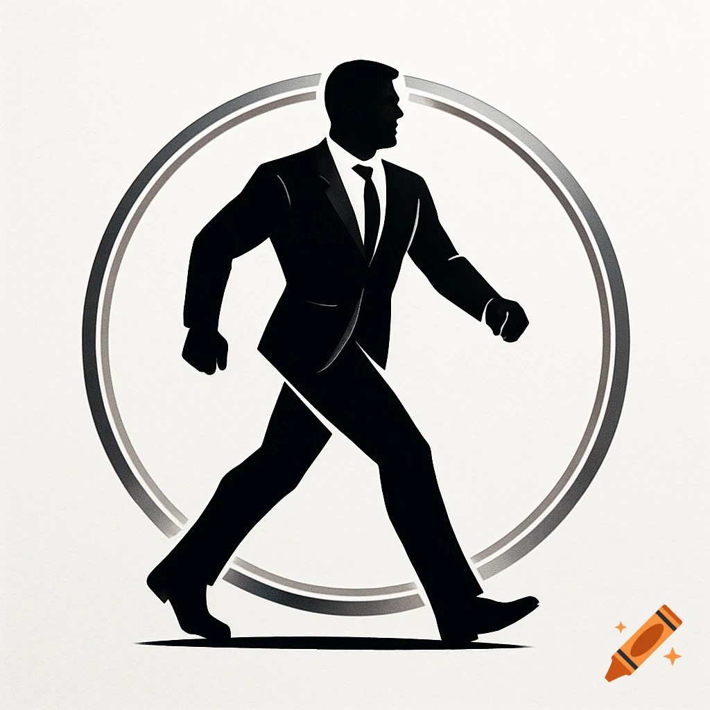 Black silhouette of a man in a suit walking, framed by a silver circle, against a white background.