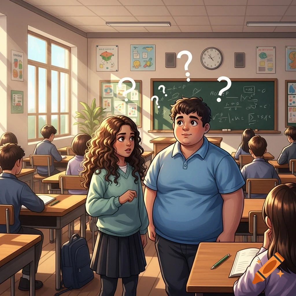 An illustrated confused boy and girl stand in a classroom with question marks floating above their heads.