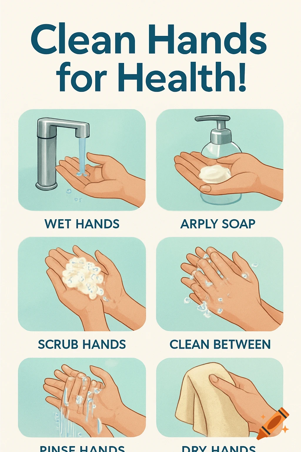 A cartoon poster illustrating six steps for washing hands under the title "Clean Hands for Health!". Steps show wetting, applying soap, scrubbing, cleaning between fingers, rinsing, and drying.