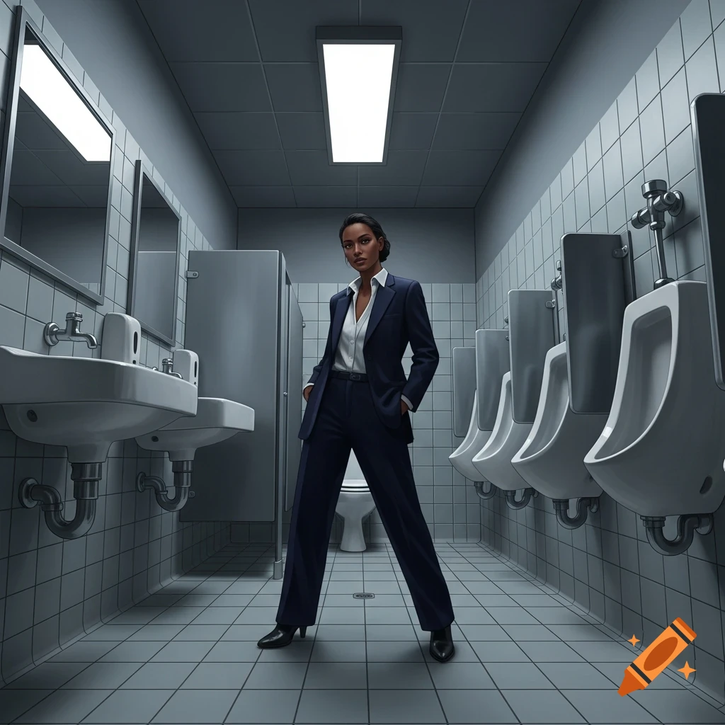 A woman in a dark suit stands confidently in a grey-tiled men's public restroom with urinals and sinks.