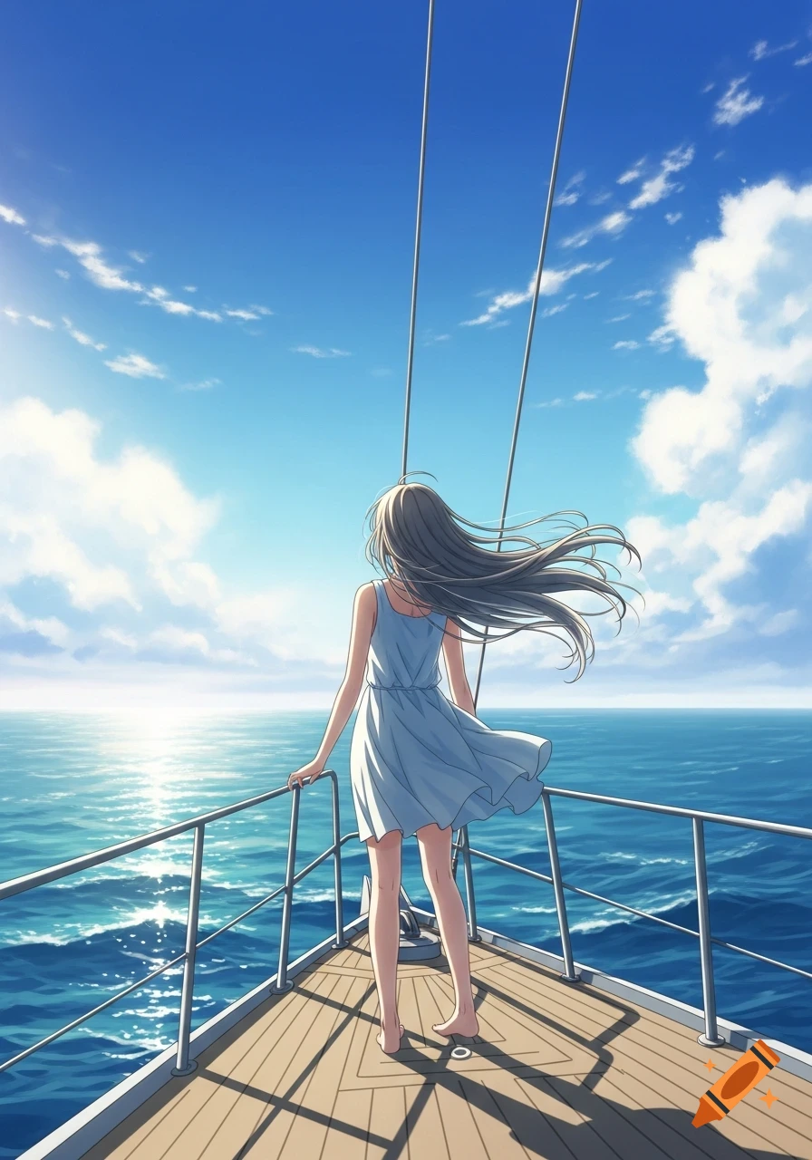 An anime girl with long hair blown by the wind stands on the bow of a boat, looking out at the bright blue ocean and sky.