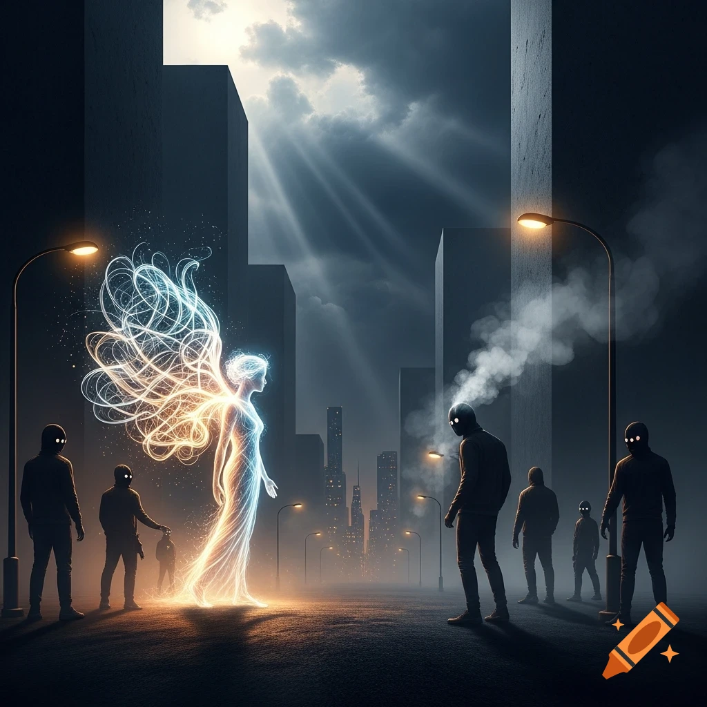 A glowing ethereal female figure stands on a dark city street, confronting several shadowy figures with glowing eyes under a cloudy sky.