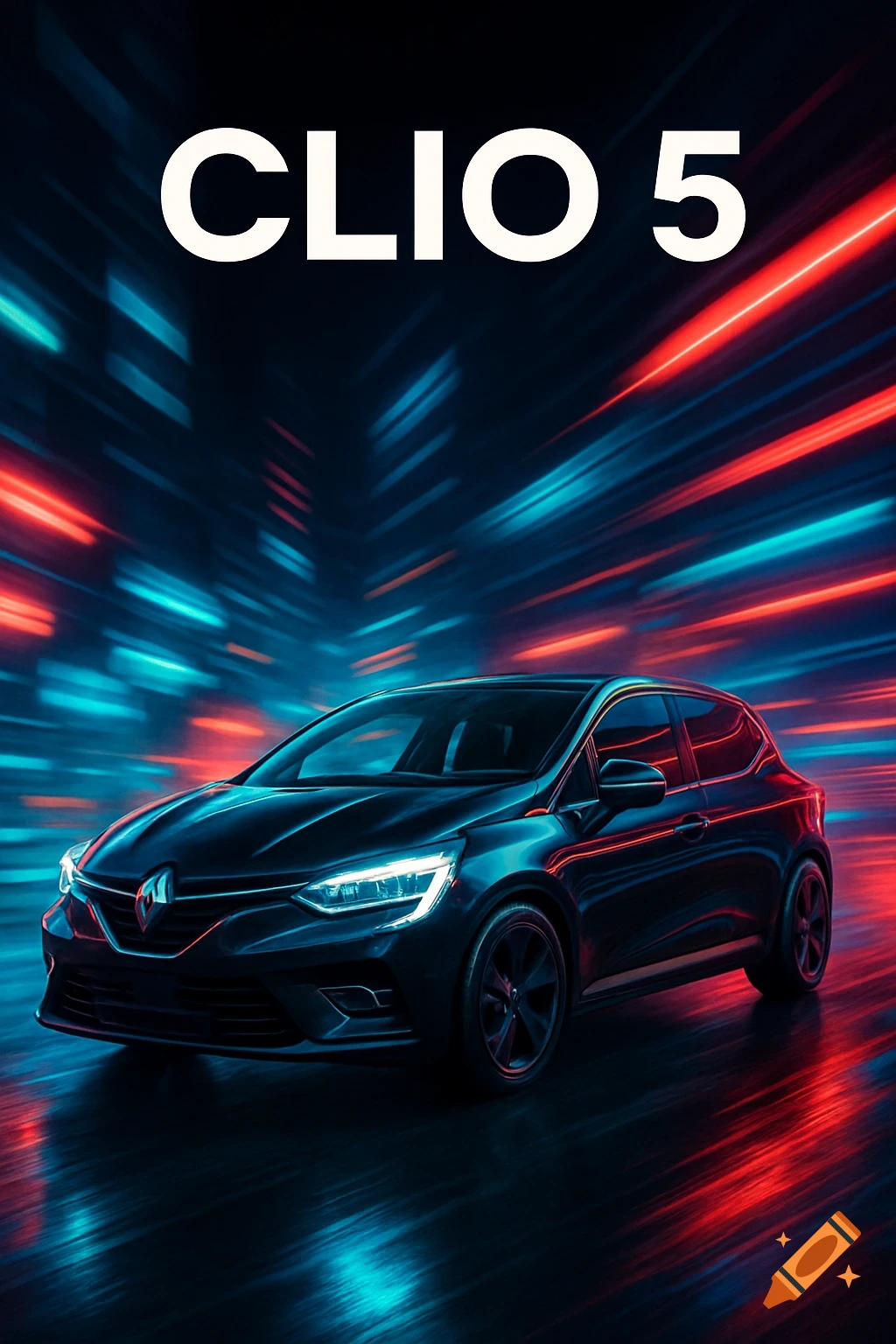 Dark Renault Clio 5 with bright headlights, moving through a futuristic tunnel with blurred red and blue neon lights. "CLIO 5" text above.