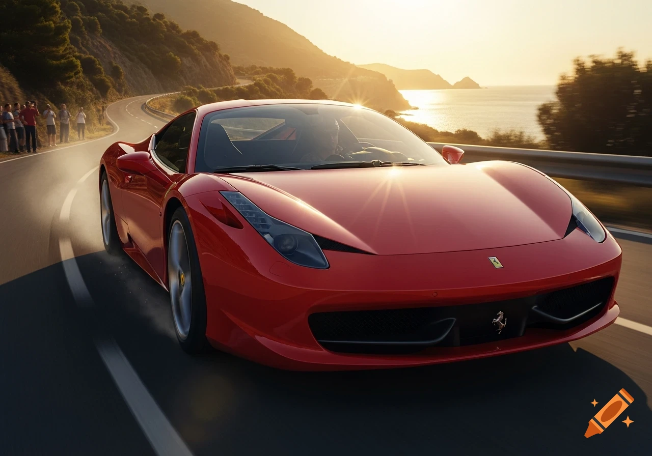 A red Ferrari sports car drives on a winding coastal road at sunset, with mountains and the sea in the background. Photorealistic style.