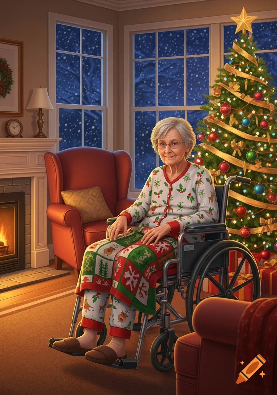 Elderly woman in Christmas pajamas sits in a wheelchair by a festive fireplace and a decorated Christmas tree, snow falling outside.
