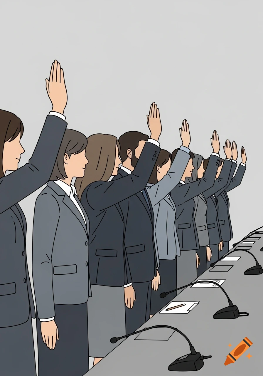 Clipart illustration of a line of diverse business people in suits raising their right hands at a meeting table.