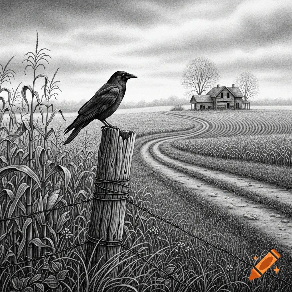 A black-and-white drawing of a crow on a fence post, overlooking a cornfield, dirt road, and a dilapidated farmhouse under a cloudy sky.