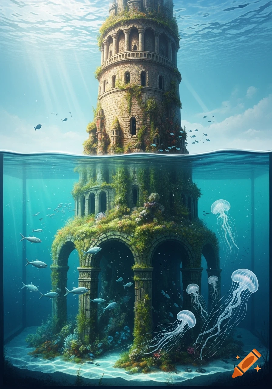 A tall, ancient, plant-covered tower stands half-submerged in a clear aquarium with fish, jellyfish, and coral. Sunlight beams into the water.