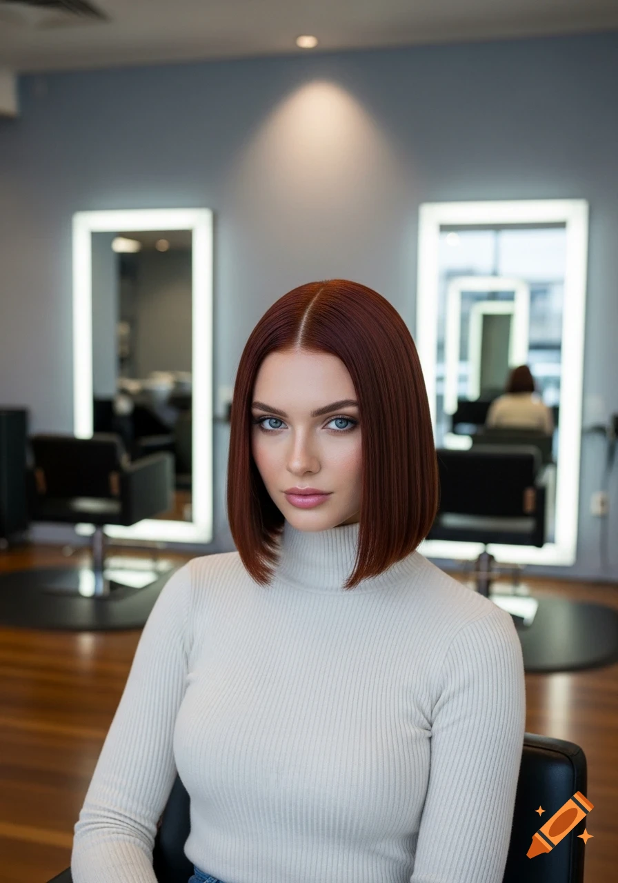 Young woman with an auburn bob and blue eyes in a hair salon, photorealistic.