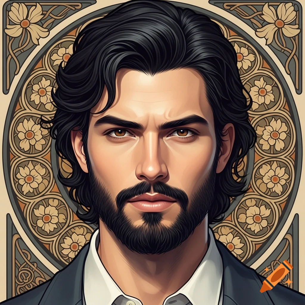 Art Nouveau portrait of a man with black wavy hair, beard, and mustache, against a circular floral arabesque background.