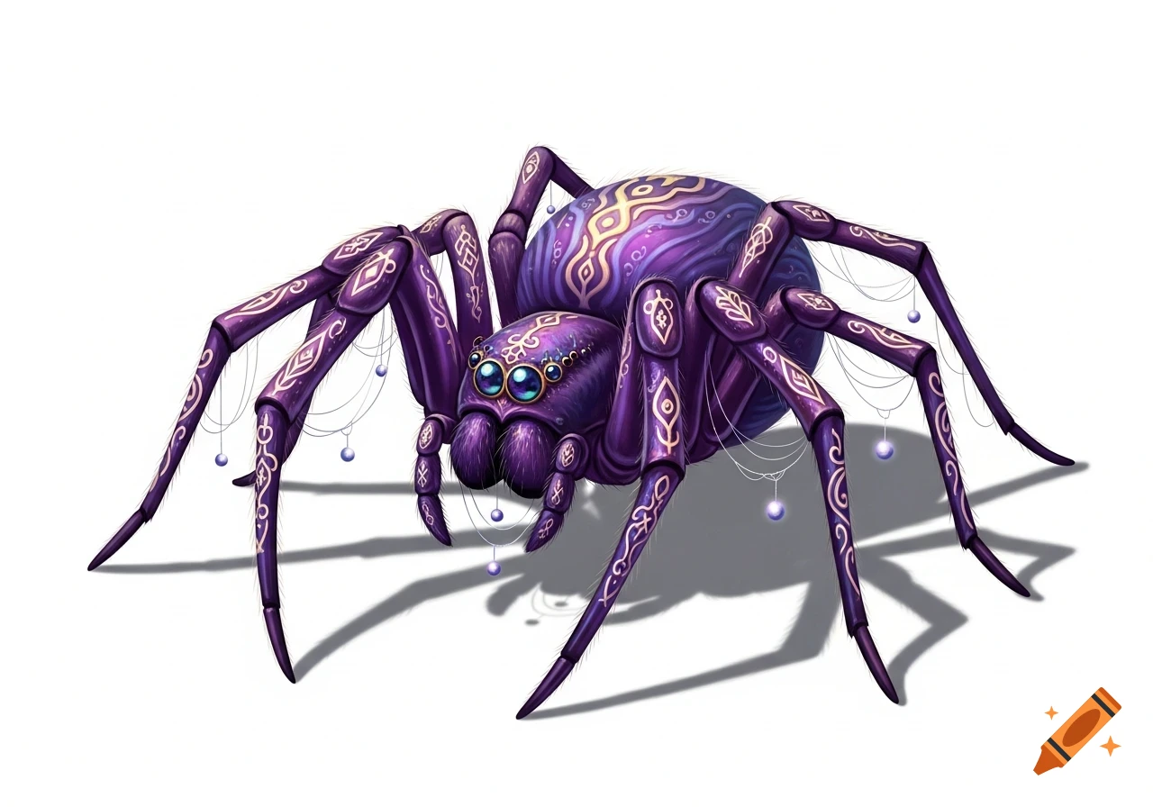 A stylized purple spider with gold patterns, multiple blue eyes, and hanging blue beads, set against a white background in a fantasy art style.