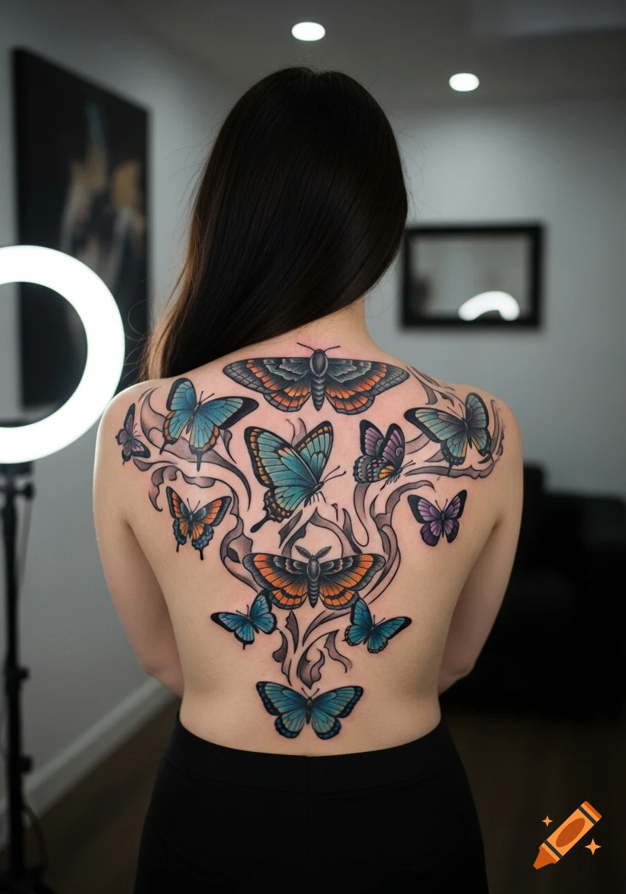 Rear view of a woman with a vibrant tattoo of blue and orange butterflies and moths on her back, in an indoor studio.