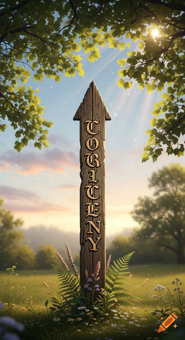 Rustic wooden arrow sign with "CORTENY" carved, standing in a sunny, wildflower-filled field under green trees.