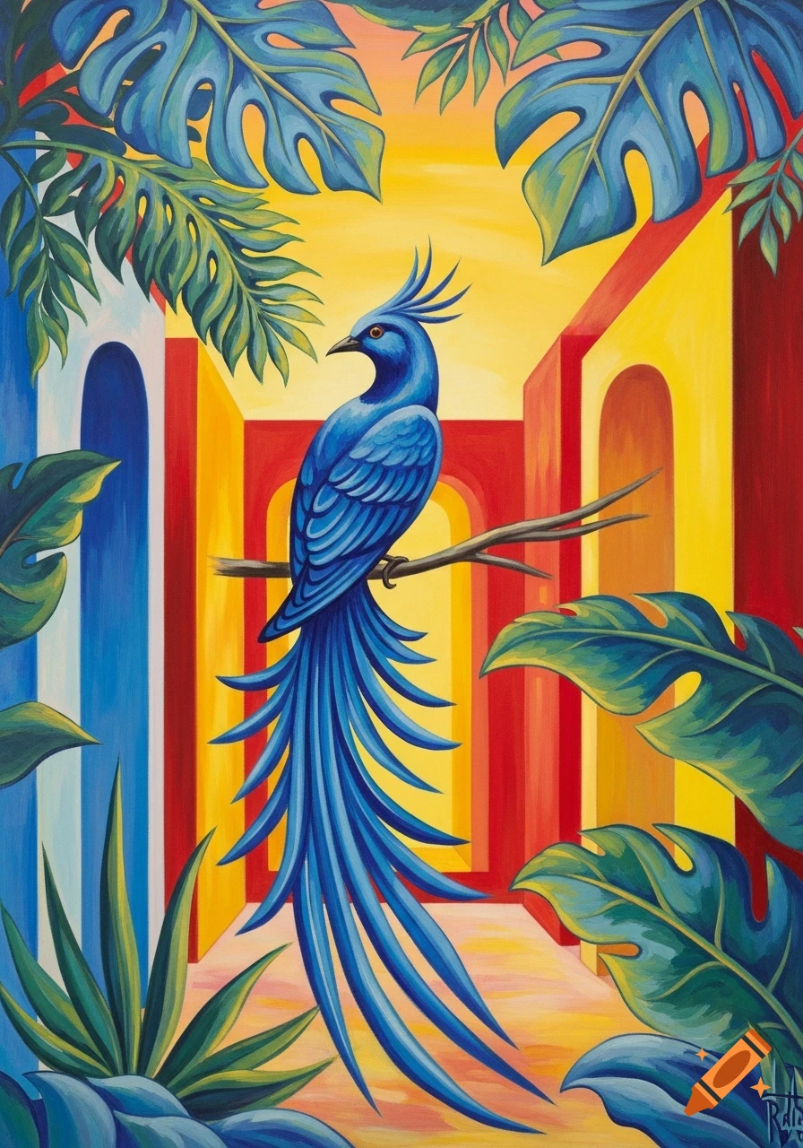 Vibrant oil painting of a blue bird with a long tail on a branch, surrounded by large tropical leaves and colorful abstract architecture.
