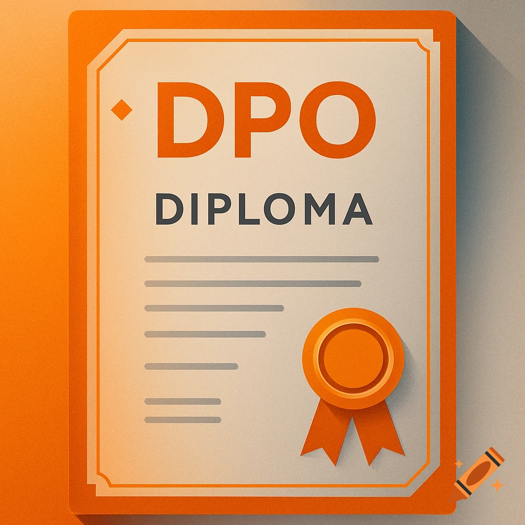A graphic, flat-style diploma certificate in orange and grey, featuring 'DPO DIPLOMA' text and a ribbon seal.