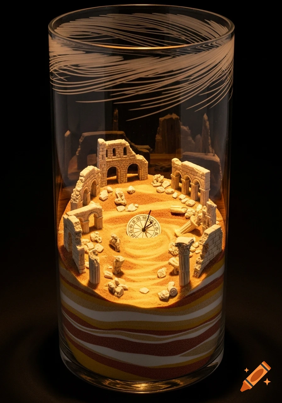 A miniature desert scene inside a tall glass vessel features ancient ruins, a partially buried sundial, and layered sand, illuminated by an amber light.